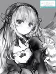  1girl closed_mouth copyright_request grey_background greyscale hair_ribbon hairband highres jacket juliet_sleeves long_hair long_sleeves looking_at_viewer monochrome nanashi_(nlo) neck_ribbon puffy_sleeves ribbon simple_background solo 