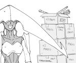  1girl :d bb_(baalbuddy) box cardboard_box commentary covered_eyes elesh_norn english_commentary english_text greyscale highres mace magic:_the_gathering monochrome negative_space simple_background smile solo upper_body weapon white_background 