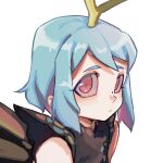  1girl antennae aqua_hair butterfly_wings closed_mouth dress eternity_larva fairy gretia hair_between_eyes looking_at_viewer multicolored_clothes multicolored_dress orange_eyes portrait short_hair short_sleeves simple_background solo touhou white_background wings 