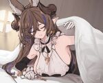  1girl animal_ears bangs bare_shoulders bed_sheet black_dress black_legwear blush breasts brown_hair closed_eyes detached_sleeves dress elbow_gloves extra_ears galleon_(granblue_fantasy) gloves granblue_fantasy hayabusa horns jewelry large_breasts long_hair necklace pointy_ears sideboob smile solo very_long_hair white_gloves 