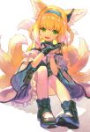  1girl :d animal_ears arknights bangs bare_shoulders black_footwear black_gloves blonde_hair blue_hairband boots braid commentary_request dogdogbhh eyebrows_visible_through_hair fox_ears fox_girl fox_tail frilled_skirt frills gloves green_eyes hair_between_eyes hair_rings hairband highres interlocked_fingers kyuubi multicolored_hair multiple_tails own_hands_together pantyhose purple_skirt shirt single_glove sitting skirt smile solo suzuran_(arknights) tail torn_clothes torn_legwear twin_braids two-tone_hair white_background white_hair white_legwear white_shirt 