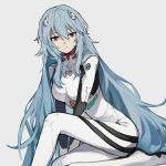  1girl alternate_hair_length alternate_hairstyle ayanami_rei bodysuit breasts closed_mouth dango_(uni_520) evangelion:_3.0+1.0_thrice_upon_a_time expressionless foot_out_of_frame grey_background hair_between_eyes light_blue_hair long_hair looking_at_viewer medium_breasts neon_genesis_evangelion plugsuit rebuild_of_evangelion red_eyes sidelocks simple_background sitting skin_tight solo very_long_hair wavy_hair white_bodysuit 