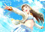  belt brown_hair buckle headphones idolmaster idolmaster_cinderella_girls ithi_eito jacket midriff miniskirt navel nitta_minami outstretched_arm rainbow skirt sky water_drop 