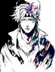  1boy battle_tendency caesar_anthonio_zeppeli colorful facial_mark feather_hair_ornament feathers fingerless_gloves gloves hair_ornament headband high_collar jacket jojo_no_kimyou_na_bouken lips male_focus multicolored_hair open_clothes open_jacket partially_colored scarf solo sujiko_(125motimoti) 