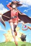  1girl absurdres bandaged_leg bandages belt belt_buckle blue_sky blush brown_footwear brown_hair buckle cape choker chomusuke clouds curved_horizon explosion fire hat highres holding holding_clothes holding_hat kono_subarashii_sekai_ni_shukufuku_wo! looking_at_viewer megumin red_eyes red_tunic single_thighhigh sky smile solo standing standing_on_one_leg thigh-highs thighs tunic twitter_username witch_hat zildt 