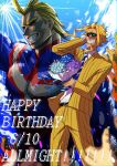  all_might alternate_form black_sclera blonde_hair blue_eyes blue_sky boku_no_hero_academia bouquet cheering colored_sclera grin happy_birthday highres light_rays male_focus mature_male muscular muscular_male necktie osutoraria_(1ndi_g0) pectorals projected_inset skin_tight skinny sky smile solo_focus striped striped_necktie sunbeam sunlight superhero thumbs_up yellow_suit 