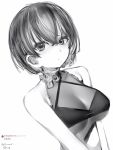  1girl bare_shoulders breasts closed_mouth dated earrings greyscale highres indie_virtual_youtuber jewelry large_breasts looking_at_viewer mole mole_under_mouth monochrome nanashi_(nlo) seno_yuuri short_hair simple_background solo white_background 