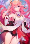  1girl bare_shoulders breasts collar detached_sleeves dress genshin_impact hair_ornament halo hand_up highres japanese_clothes looking_at_viewer lucidsky medium_breasts pink_hair smile solo thigh_gap thighs violet_eyes yae_(genshin_impact) 