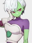  1girl bodysuit breasts cheelai closed_mouth colored_skin dragon_ball dragon_ball_super dragon_ball_super_broly gloves green_skin grey_background hand_on_own_cheek hand_on_own_face kemachiku looking_to_the_side medium_breasts pink_eyes purple_bodysuit short_hair simple_background solo white_gloves white_hair 