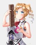  1girl ascot blonde_hair blue_eyes blush breast_pocket breasts closed_mouth drill_hair drink drinking_straw eyebrows_visible_through_hair grey_background holding holding_drink honolulu_(kancolle) jenga kantai_collection large_breasts long_hair mayura2002 pocket red_ascot simple_background sleeveless solo twin_drills upper_body 
