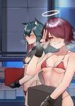  2girls absurdres animal_ear_fluff animal_ears arknights bangs bare_arms bare_shoulders bikini black_bikini black_gloves black_hair blush box breasts carrying cleavage_cutout closed_eyes closed_mouth clothing_cutout collarbone commentary_request dun_ji embarrassed exusiai_(arknights) eyebrows_visible_through_hair fingerless_gloves food food_in_mouth fur-trimmed_bikini fur_trim gloves hair_between_eyes hair_over_one_eye halo highres indoors long_hair looking_at_viewer medium_breasts mouth_hold multicolored_hair multiple_girls nose_blush orange_eyes pocky red_bikini redhead short_hair smile steaming_body swimsuit texas_(arknights) two-tone_hair under_boob v-shaped_eyebrows very_long_hair w wolf_ears 