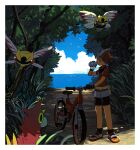  1girl bandana bicycle bike_shorts bird border can clouds commentary_request day gloves grass ground_vehicle hand_up holding holding_can may_(pokemon) ninjask outdoors pokemon pokemon_(creature) pokemon_(game) pokemon_rse popcorn_91 red_shirt shadow shirt shoes short_hair short_sleeves skirt sky socks tree white_border wurmple 