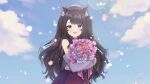  1girl animal_ear_fluff animal_ears bangs black_shirt blue_eyes bouquet cat_ears clouds detached_sleeves english_commentary eyebrows_visible_through_hair flower holding holding_bouquet ichinose_(sorario) indie_virtual_youtuber long_hair looking_at_viewer petals purple_flower purple_skirt second-party_source shimotsuki_miri shirt skirt sky smile solo virtual_youtuber 