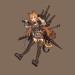  1girl :d animal_ears arknights belt boots breasts brown_background brown_dress brown_footwear brown_hair ceobe_(arknights) claw_pose cross-laced_footwear dog_ears dog_girl dog_tail dress full_body lace-up_boots large_breasts long_hair long_sleeves lowres mizorehi open_mouth pixel_art red_eyes simple_background smile solo tail thigh-highs thigh_boots very_long_hair weapon weapon_on_back zettai_ryouiki 