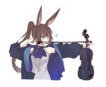  1girl amiya_(arknights) animal_ears arknights ascot black_jacket blue_ascot blue_eyes bow_(music) brown_hair frilled_ascot frills high_ponytail highres holding holding_instrument instrument jacket jewelry kaleka long_hair multiple_rings neck_ring open_clothes open_jacket rabbit_ears rabbit_girl ring shirt simple_background sleeveless sleeveless_shirt solo thumb_ring upper_body violin white_background white_shirt 