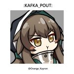  1girl :t arknights artist_name bangs blush_stickers brown_hair chibi commentary hood kafka_(arknights) long_hair orange_crayon! portrait solo twitter_username v-shaped_eyebrows yellow_eyes 