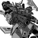  beam_rifle energy_gun greyscale gun gundam highres holding holding_gun holding_weapon kumichou_(ef65-1118-ef81-95) looking_to_the_side mecha mobile_suit monochrome moon_gundam moon_gundam_(mobile_suit) no_humans science_fiction solo thrusters v-fin weapon white_background 