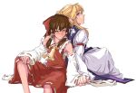  2girls ascot bangs blonde_hair blush bow bright_pupils closed_mouth commentary detached_sleeves dress english_commentary eyebrows_visible_through_hair feet_out_of_frame frilled_hair_tubes frilled_shirt_collar frills grunt_(tnurg) hair_bow hair_tubes hakurei_reimu highres holding_hands long_hair looking_to_the_side multiple_girls pink_eyes purple_tabard red_bow red_shirt red_skirt ribbon-trimmed_sleeves ribbon_trim sarashi shirt simple_background skirt skirt_set sleeveless sleeveless_shirt smile torn_clothes torn_shirt torn_skirt torn_sleeves touhou white_background white_dress white_pupils white_sleeves yakumo_yukari yellow_ascot yuri 