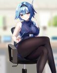  1girl absurdres bangs bare_arms bare_shoulders black_hairband black_legwear blue_hair blurry blurry_background blush breasts chair closed_mouth crossed_legs eula_(genshin_impact) eyebrows_visible_through_hair feet_out_of_frame genshin_impact hair_ornament hairband hanasaka_houcha highres holding holding_pen large_breasts looking_at_viewer medium_hair pantyhose pen sitting sleeveless smile solo thighs violet_eyes 