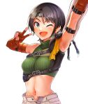  1girl bangs black_hair cosplay final_fantasy final_fantasy_vii headband highres hololive kilesha midriff navel oozora_subaru short_hair shorts sleeveless sleeveless_turtleneck smile solo turtleneck unzipped virtual_youtuber yuffie_kisaragi yuffie_kisaragi_(cosplay) 