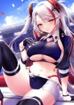  1girl azur_lane bangs black_footwear blue_gloves blue_jacket blush boots breasts commentary_request confetti eyebrows_visible_through_hair gloves hair_ornament high_heels jacket long_hair long_sleeves looking_at_viewer multicolored_hair navel official_alternate_costume orange_eyes panties parted_lips pontaro18 prinz_eugen_(azur_lane) prinz_eugen_(final_lap)_(azur_lane) racequeen red_panties redhead skirt smile solo streaked_hair thigh-highs thigh_boots thighs two-tone_skirt two_side_up under_boob underwear white_hair 