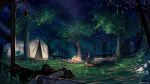  anonamos campfire camping dakimakura_(object) forest grass hat hat_removed headwear_removed highres lantern log nature night no_humans original pillow scenery staff target tent tree twitter_username 