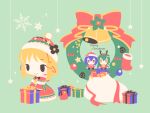  1girl bell black_eyes black_gloves blonde_hair box brown_eyes chibi christmas_wreath cobalta fumo_(doll) gift gift_box gloves green_background green_hair kochiya_sanae merry_christmas moriya_suwako neck_bell purple_hair red_eyes sack santa_costume short_hair simple_background snowflakes touhou yasaka_kanako 