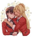  2girls black_hair blonde_hair closed_eyes comforting hand_on_another&#039;s_head hand_on_another&#039;s_shoulder hyakkaou_academy_uniform kakegurui multiple_girls open_mouth sad sasaya totobami_terano totobami_yumi 