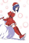  1girl bangs blue_hair blunt_bangs blunt_ends bob_cut boots christmas closed_mouth commentary dress gloves hat highres leaning_forward looking_at_viewer off-shoulder_dress off_shoulder precure red_dress red_footwear red_gloves red_headwear sack santa_dress santa_hat shadow shiratori_yuriko short_dress short_hair short_sleeves sitting smile solo thigh-highs thigh_boots tropical-rouge!_precure uraki violet_eyes white_background 