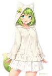  1girl :d animal_ears animal_hood blush buttons cowboy_shot fox_ears fox_tail green_fox_(sasaame) green_hair green_tail highres hood hood_up long_sleeves medium_hair miniskirt original sasaame shirt simplecar skirt smile solo tail white_background white_shirt white_skirt 