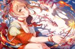  bandaged_arm bandages bangs blonde_hair chest_tattoo flower_tattoo genshin_impact hair_between_eyes hair_ornament japanese_clothes kimono miazi orange_eyes orange_kimono ponytail sarashi tattoo yoimiya_(genshin_impact) 