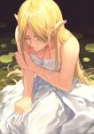  1girl bangs blonde_hair collarbone crying dress highres long_hair off-shoulder_dress off_shoulder official_alternate_costume outdoors parted_bangs pointy_ears princess_zelda shiny shiny_hair solo tears the_legend_of_zelda the_legend_of_zelda:_breath_of_the_wild werlosk white_dress 