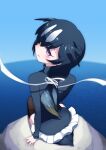  1girl 9735aoitora :d bird_girl bird_tail black_hair black_sweater blush commentary_request empty_eyes eyebrows_visible_through_hair from_behind great_auk_(kemono_friends) hair_ornament hair_tie highres kemono_friends long_hair long_sleeves looking_at_viewer miniskirt multicolored_hair ocean open_mouth penguin_tail pleated_skirt sitting skirt smile solo spotted_hair sweater tail thigh-highs turtleneck violet_eyes white_hair white_skirt 