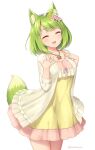  1girl animal_ear_fluff animal_ears bangs closed_eyes cowboy_shot dress eyebrows_visible_through_hair fox_ears fox_tail green_fox_(sasaame) green_hair green_tail highres jewelry necklace original sasaame short_dress short_hair smile solo star_(symbol) star_necklace tail twitter_username white_background yellow_dress 