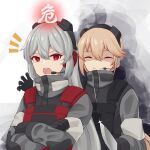  2girls act_(xadachit) aura bangs behind_another black_gloves blonde_hair charolic_(girls&#039;_frontline_2) closed_mouth crossed_arms dark_aura english_commentary evil_smile girls&#039;_frontline_2:_exilium girls_frontline gloves grey_hair hair_between_eyes headset highres holding holding_knife knife long_hair long_sleeves looking_to_the_side military military_uniform multiple_girls open_mouth ots-14_(girls&#039;_frontline) red_eyes smile teeth translated uniform upper_body upper_teeth 