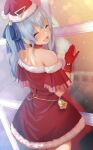  1girl bangs bare_shoulders belt blue_hair blush bow christmas closed_eyes commentary_request earrings eyebrows_visible_through_hair fumihiko_(fu_mihi_ko) fur_trim gloves hair_bow hat highres hololive hoshimachi_suisei jewelry long_hair open_mouth pom_pom_(clothes) santa_costume santa_dress santa_gloves santa_hat side_ponytail solo star_(symbol) star_earrings virtual_youtuber 