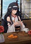 1girl absurdres black_hair braid commission cup detached_sleeves eyebrows_visible_through_hair flower food french_braid fruit fusou_(kancolle) hairband headgear highres holding holding_cup japanese_clothes kanmiya_shinobu kantai_collection kimono long_hair nontraditional_miko parted_lips red_eyes ribbon-trimmed_sleeves ribbon_trim sash sitting skeb_commission sky smile sunlight teacup very_long_hair window wooden_table 