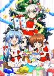  3girls :d absurdres alternate_hairstyle aqua_eyes arm_ribbon armband back_bow bangs bare_shoulders bell black_choker black_hair black_legwear black_ribbon blue_eyes blue_hair blue_panties blush bow brown_hair capelet choker christmas christmas_ornaments christmas_tree closed_mouth commentary_request crotch_seam dearche_kings_claudia dress eyebrows_visible_through_hair fang fish fur-trimmed_capelet fur-trimmed_dress fur_trim garland_(decoration) gift hair_bell hair_bobbles hair_ornament hair_ribbon hair_up halter_dress halterneck heart heart_print highres holding holding_gift indoors jewelry jewelry_removed large_bow leaning_forward levi_russel long_hair looking_at_viewer low_twintails lyrical_nanoha mahou_shoujo_lyrical_nanoha_innocent miyajima_hitoshi multicolored_hair multiple_girls neck_bell necklace necklace_removed on_floor open_mouth panties pantyshot pink_panties ponytail red_bow red_capelet red_dress revision ribbon santa_dress short_dress short_hair sidelocks silver_hair sitting smile snowflake_print sparkle spread_legs standing star_ornament stern_starks strapless strapless_dress striped striped_legwear thigh-highs twintails two-tone_hair underwear violet_eyes wariza white_legwear wrist_cuffs x_hair_ornament 