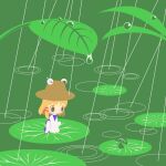  1girl blonde_hair brown_eyes brown_headwear cobalta commentary_request flat_color frog hat leaf lily_pad long_sleeves looking_away moriya_suwako pyonta rain short_hair solo squatting touhou water_drop 