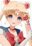  1girl bishoujo_senshi_sailor_moon blonde_hair blue_eyes blue_sailor_collar brooch choker commentary_request crescent crescent_earrings cutie_moon_rod double_bun earrings highres jewelry koharumichi looking_at_viewer red_choker sailor_collar sailor_moon sailor_senshi_uniform simple_background solo tsukino_usagi twintails upper_body wand white_background 