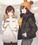  2girls alternate_costume arrow_(projectile) black_hair black_jacket black_skirt blush brown_eyes brown_hair closed_mouth clothes_writing eyebrows_visible_through_hair fur-trimmed_jacket fur_trim gloves grey_pants hair_between_eyes hamaya hat highres jacket kantai_collection kasumi_(skchkko) long_hair long_sleeves multiple_girls nagato_(kancolle) open_clothes open_jacket open_mouth orange_eyes pants pleated_skirt pom_pom_(clothes) short_hair skirt smile souya_(kancolle) white_gloves white_jacket yellow_headwear 