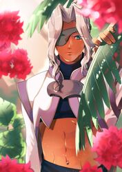  1boy blue_eyes closed_mouth dark-skinned_male dark_skin eyepatch highres looking_at_viewer male_focus navel_piercing piercing sayasaka sigurd_harcourt silver_hair solo xenogears 