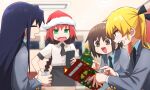  4girls black_necktie black_ribbon blonde_hair blue_eyes blue_hair blush braid brown_eyes brown_hair christmas christmas_tree closed_eyes collared_shirt cup drinking_glass eyebrows_visible_through_hair facing_another fangs goshiki_agiri green_eyes hair_ribbon hat highres holding holding_cup holding_menu ice ice_cube indoors kill_me_baby long_hair long_sleeves looking_at_another menu multicolored_hair multiple_girls necktie open_mouth oribe_yasuna red_headwear redhead ribbon santa_hat school_uniform shirt short_hair short_sleeves single_braid smile sonya_(kill_me_baby) sweatdrop table teeth twintails unused_character upper_teeth water white_shirt yachima_tana 