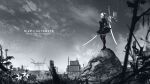  1girl anniversary anonamos black_dress black_legwear copyright_name dress floating floating_object floating_sword floating_weapon flower full_body greyscale highres holding holding_sword holding_weapon long_sleeves looking_away monochrome nier_(series) nier_automata pod_(nier_automata) robot ruins short_hair sky spot_color standing sword thigh-highs weapon white_hair yorha_no._2_type_b 