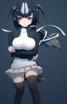  1girl 9735aoitora bird_girl bird_tail black_hair black_sweater blush breast_suppress breasts commentary_request empty_eyes eyebrows_visible_through_hair great_auk_(kemono_friends) hair_between_eyes hair_ornament hair_tie hands_on_own_chest highres kemono_friends long_hair long_sleeves looking_at_viewer miniskirt multicolored_hair open_mouth pleated_skirt simple_background skirt solo spotted_hair sweater tail thigh-highs two-tone_hair two-tone_sweater violet_eyes white_hair white_sweater 
