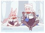  2girls animal_ear_fluff animal_ears artist_name bangs barefoot cape capelet cat_ears cat_girl cat_tail closed_eyes coat commentary_request dobrynya_nikitich_(fate) eating eyebrows_visible_through_hair fang fangs fate/grand_order fate_(series) fox_ears fox_girl fox_tail full_body fur_trim gauntlets grilled_fish hair_between_eyes happy hat koyanskaya_(fate) long_hair meiji_ken multiple_girls open_mouth pink_hair sidelocks silver_hair sitting skin_fang snow snowing stick tail tamamo_(fate) tree v-shaped_eyebrows white_cape white_hair winter winter_clothes winter_coat yellow_eyes younger 