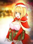  1girl :d absurdres ahoge alternate_costume bangs blonde_hair breasts capelet christmas commentary_request fate/extra fate/grand_order fate_(series) full_body fur-trimmed_headwear fur_trim green_background green_eyes hat highres holding holding_sack long_sleeves looking_at_viewer merry_christmas nero_claudius_(fate) nero_claudius_(fate)_(all) open_mouth over_shoulder pantyhose pleated_skirt r_sin red_capelet red_headwear red_skirt sack santa_costume santa_hat short_hair skirt smile solo standing 