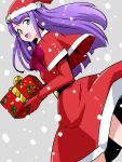  1girl bangs belt black_belt blue_eyes bow capelet christmas dress dutch_angle elbow_gloves from_side gift gloves grey_background hat holding holding_gift kaguya_madoka long_hair looking_at_viewer looking_back medium_dress open_mouth precure purple_bow purple_hair red_capelet red_dress red_gloves red_headwear santa_dress santa_hat smile snowing solo standing star_twinkle_precure uraki 