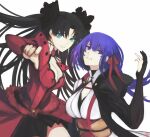  2girls alternate_costume bangs black_hair black_jacket blue_eyes collared_shirt commentary_request eyebrows_visible_through_hair fate/grand_order fate/stay_night fate_(series) hair_ribbon highres hug hug_from_behind jacket jewelry long_hair long_sleeves looking_at_another matou_sakura moedredd multiple_girls necklace parted_bangs parted_lips pendant purple_eyes purple_hair red_ribbon red_shirt ribbon shirt siblings simple_background sisters smile tohsaka_rin upper_body white_background white_shirt 
