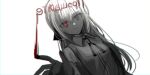  1girl absurdres bangs black_gloves blood blood_writing chihuri closed_mouth collared_shirt dress_shirt dutch_angle eve_(chihuri) eyebrows_visible_through_hair gloves grey_eyes hair_between_eyes highres long_hair looking_at_viewer mirror_writing original red_eyes russian_text shirt simple_background solo very_long_hair white_background white_hair white_shirt 